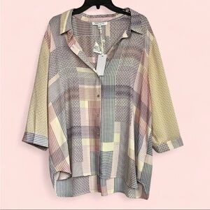 Rose + Olive Button Sz 2X Blouse Button Up Geometric Patchwork Career Boho NWT
